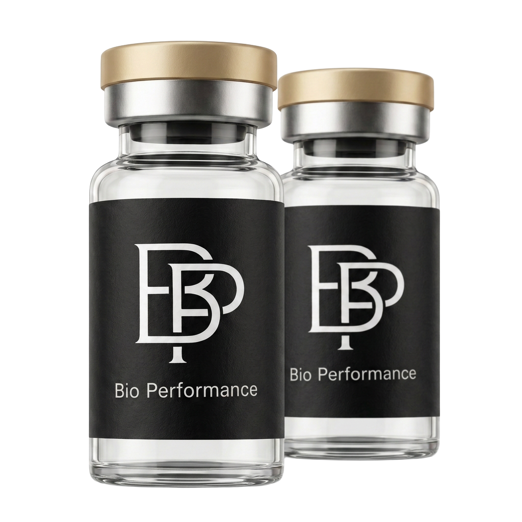Two Bio Performance research peptide vials with black BP monogram labels and gold caps