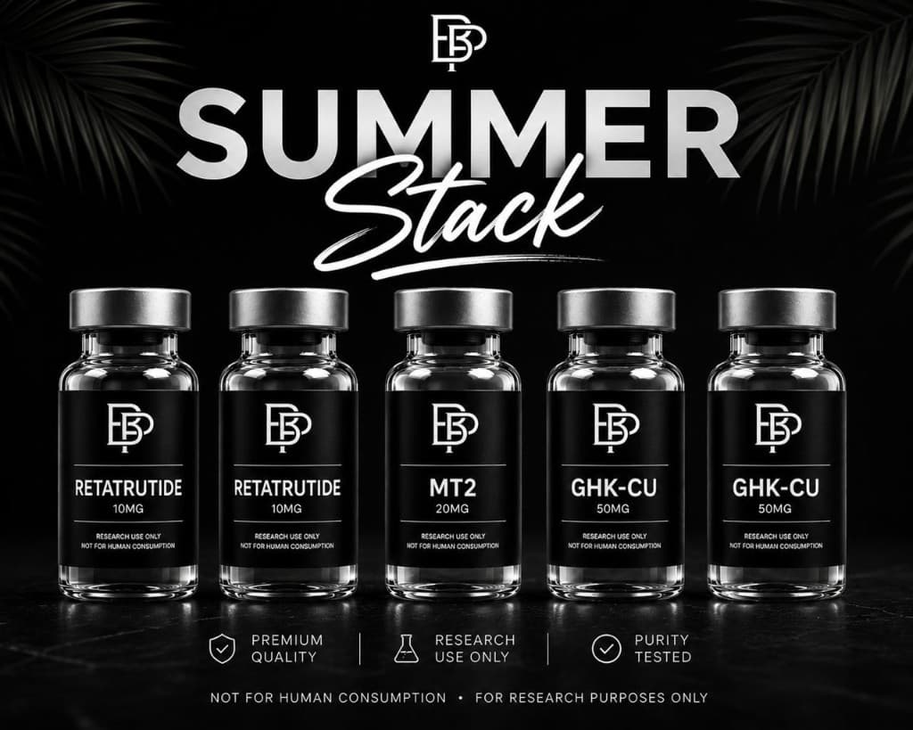 Summer Stack — GHK-Cu, Retatrutide, and Melanotan II vials